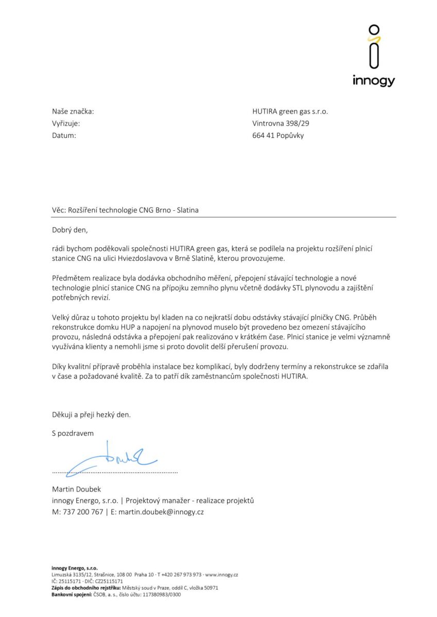 HUTIRA green gas dodala plynárenské technologie pro provoz plnicí stanice CNG největšího tuzemského provozovatele plnicích stanic | HUTIRA green gas