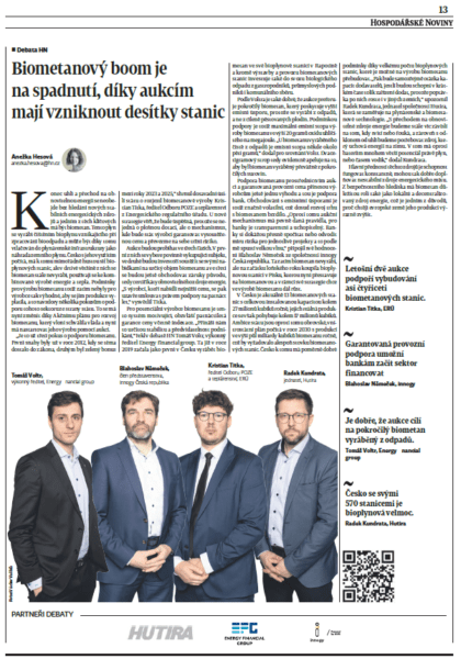 Biometan jako téma odborné diskuse Hospodářských novin